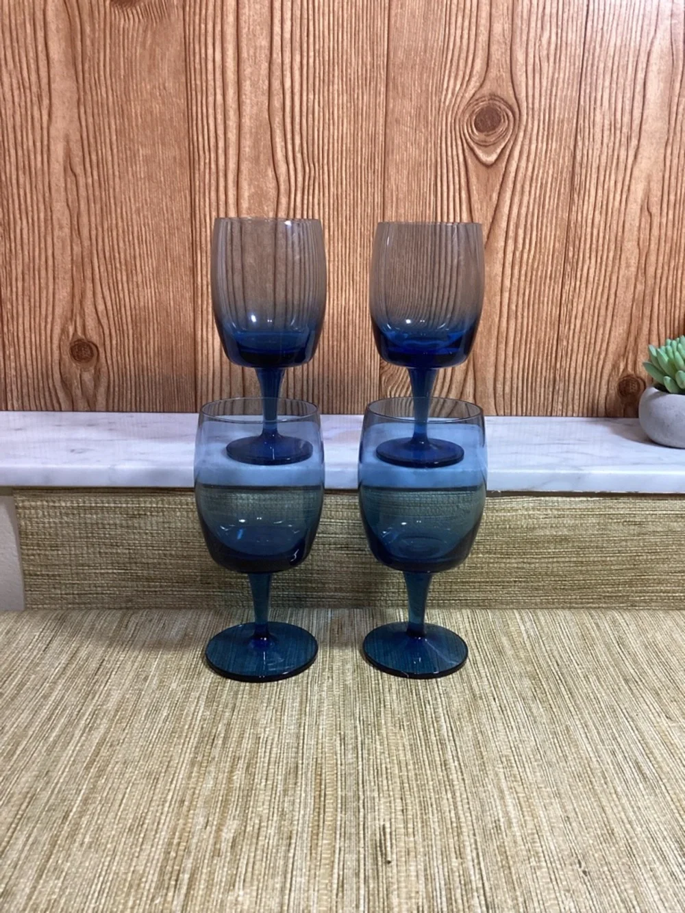 Vintage Gorham Blue Crystal Stemmed Wine Glasses - Set of 4 8oz